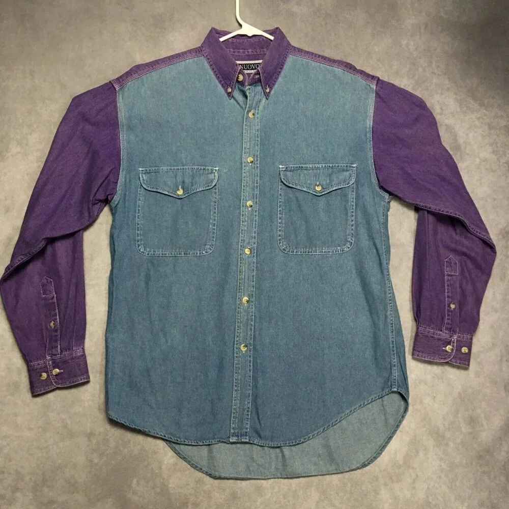 Vintage Nuovo County Seat Chambray Shirt size Medium Long Sleeve Purple Button - Picture 2 of 14